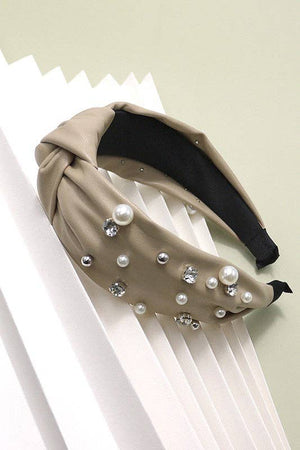 KNOTTED FAUX LEATHER PEARL RHINESTONE HAIR BANDS | 40HB111