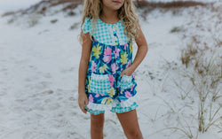 Girls Jade Checkered Floral Pocket Lace Spring Short Set