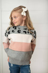 Kids Pink Gray Leopard Stripe Crew Neck Fall Winter Sweater