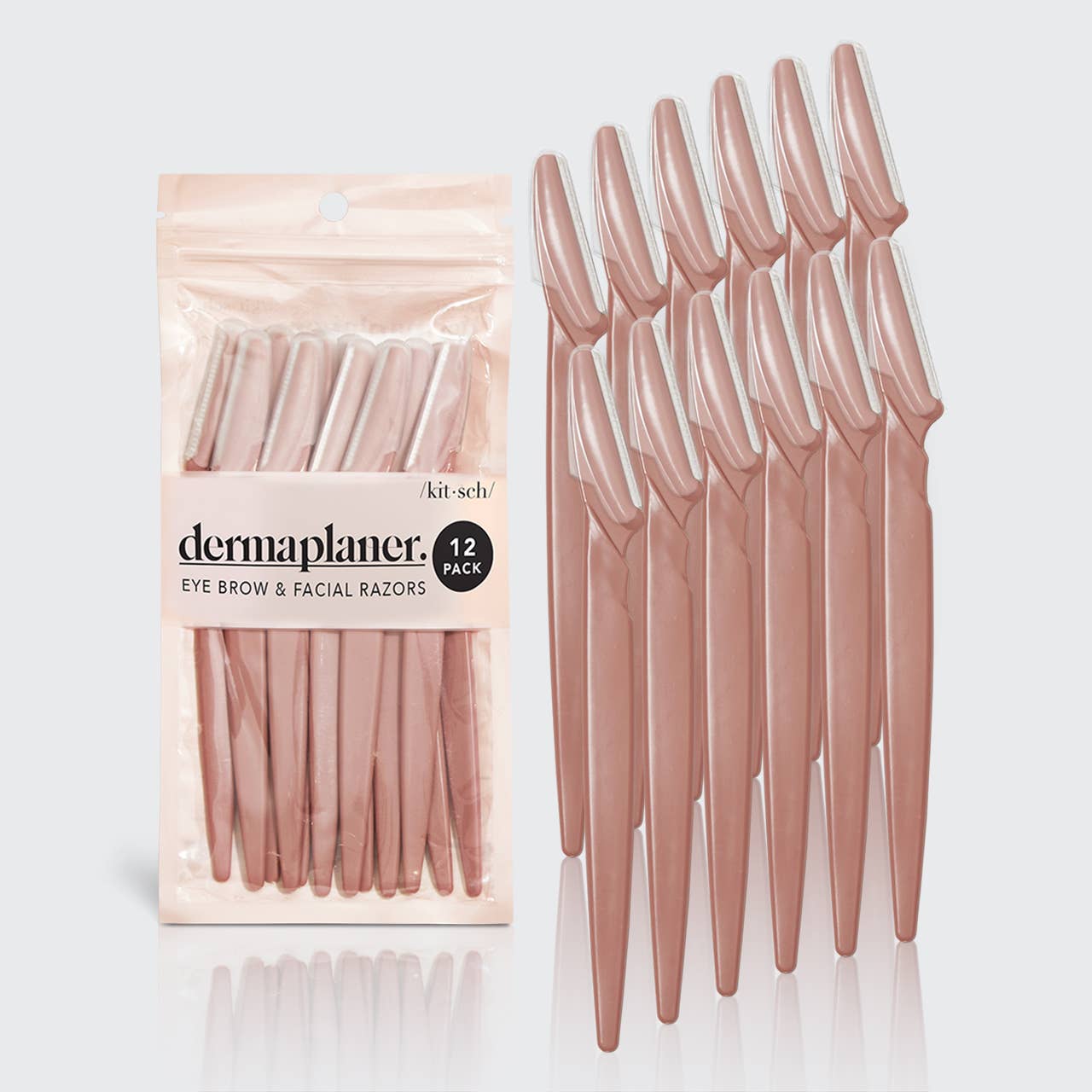 A pack of dermaplaners in terracotta color, which are skin and facial brow exfoliators, displayed both in and out of the packaging.