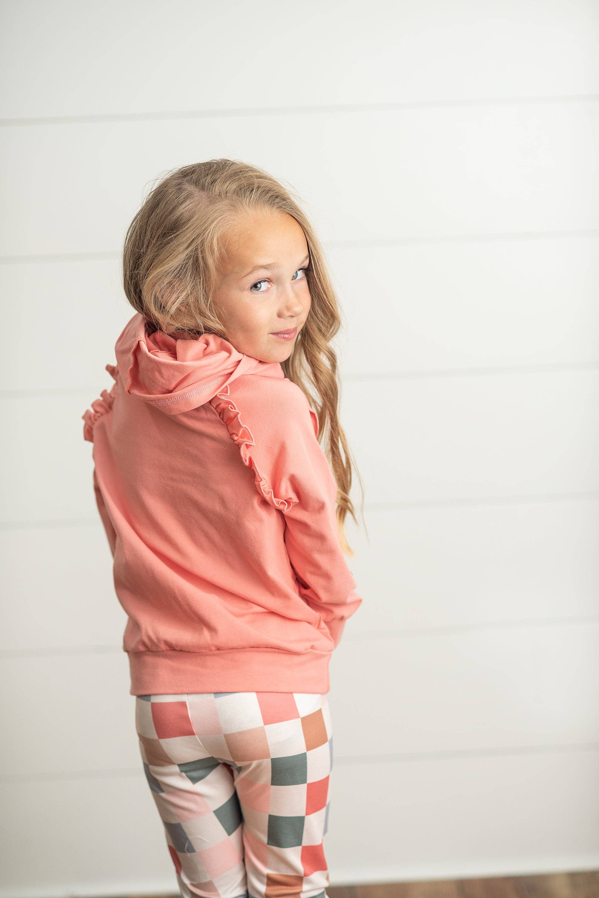 Kids Terra Cotta Ruffle Hoodie and Check Leggings Fall Set