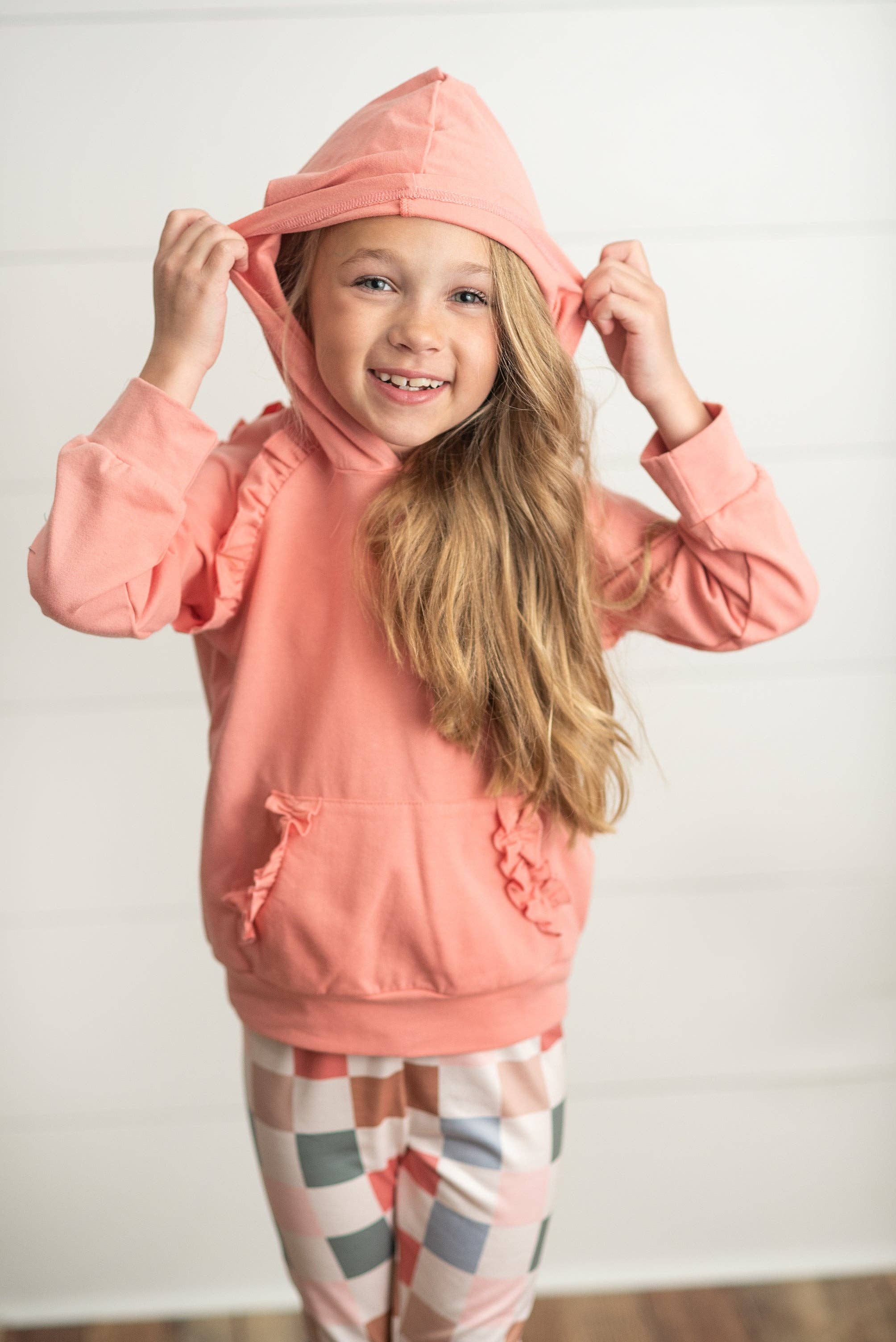 Kids Terra Cotta Ruffle Hoodie and Check Leggings Fall Set