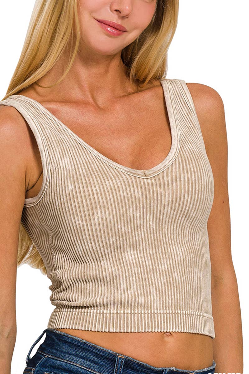 Washed Ribbed Cropped Bra Padded V-neck Tank Top