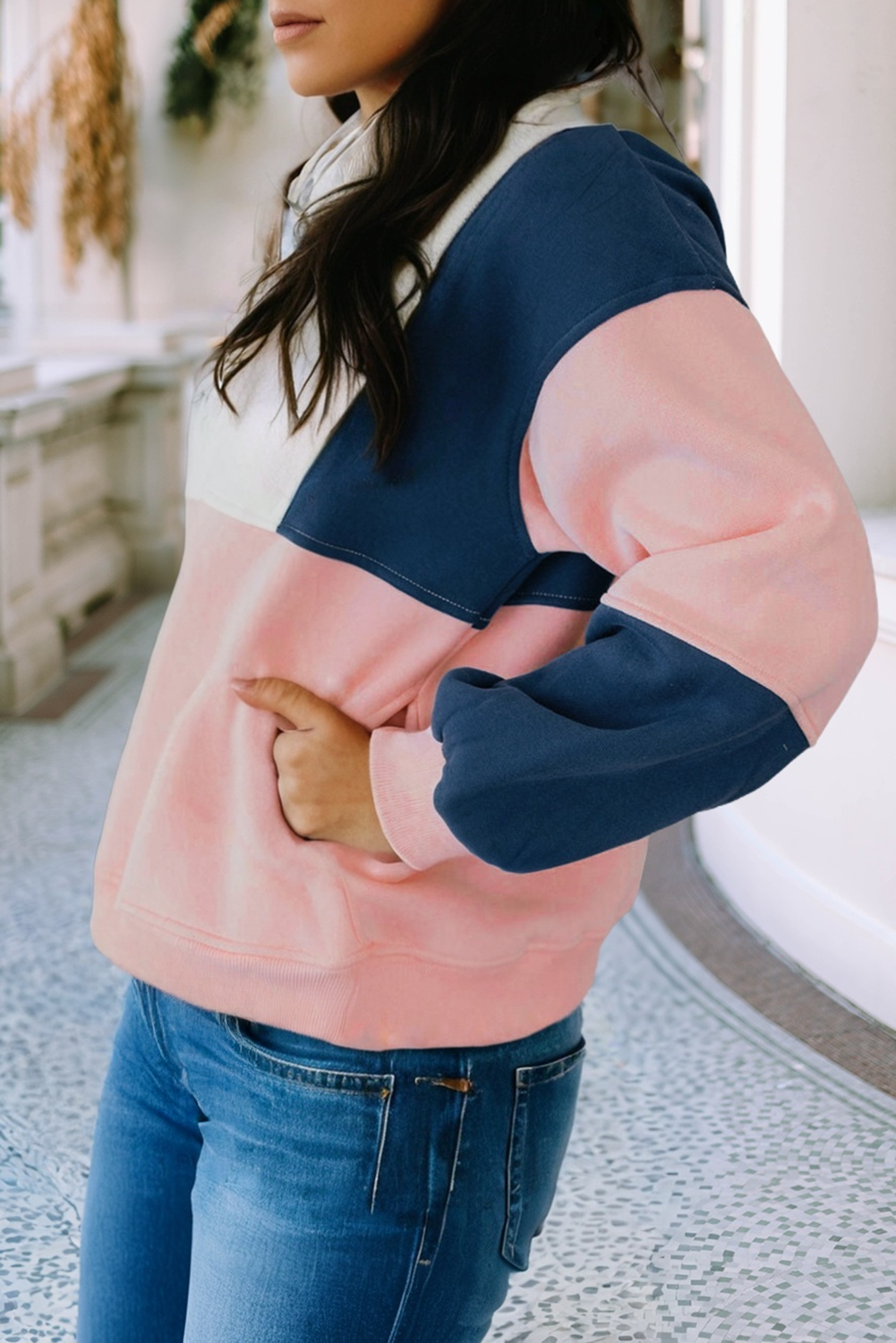 LDC Colorblock Patchwork Half Button Baggy Sweatshirt