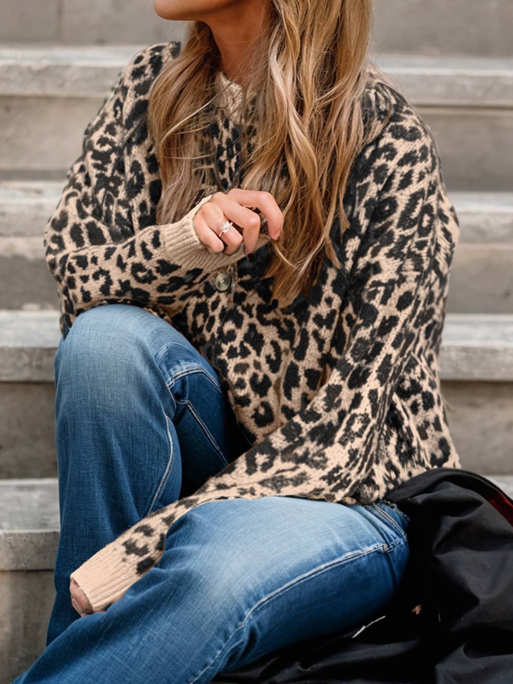 Leopard Drop Shoulder Chunky Knitted Cardigan Sweater
