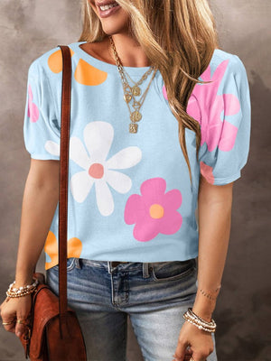 LDC Flower Print Bubble Sleeve Tee|Multicolor