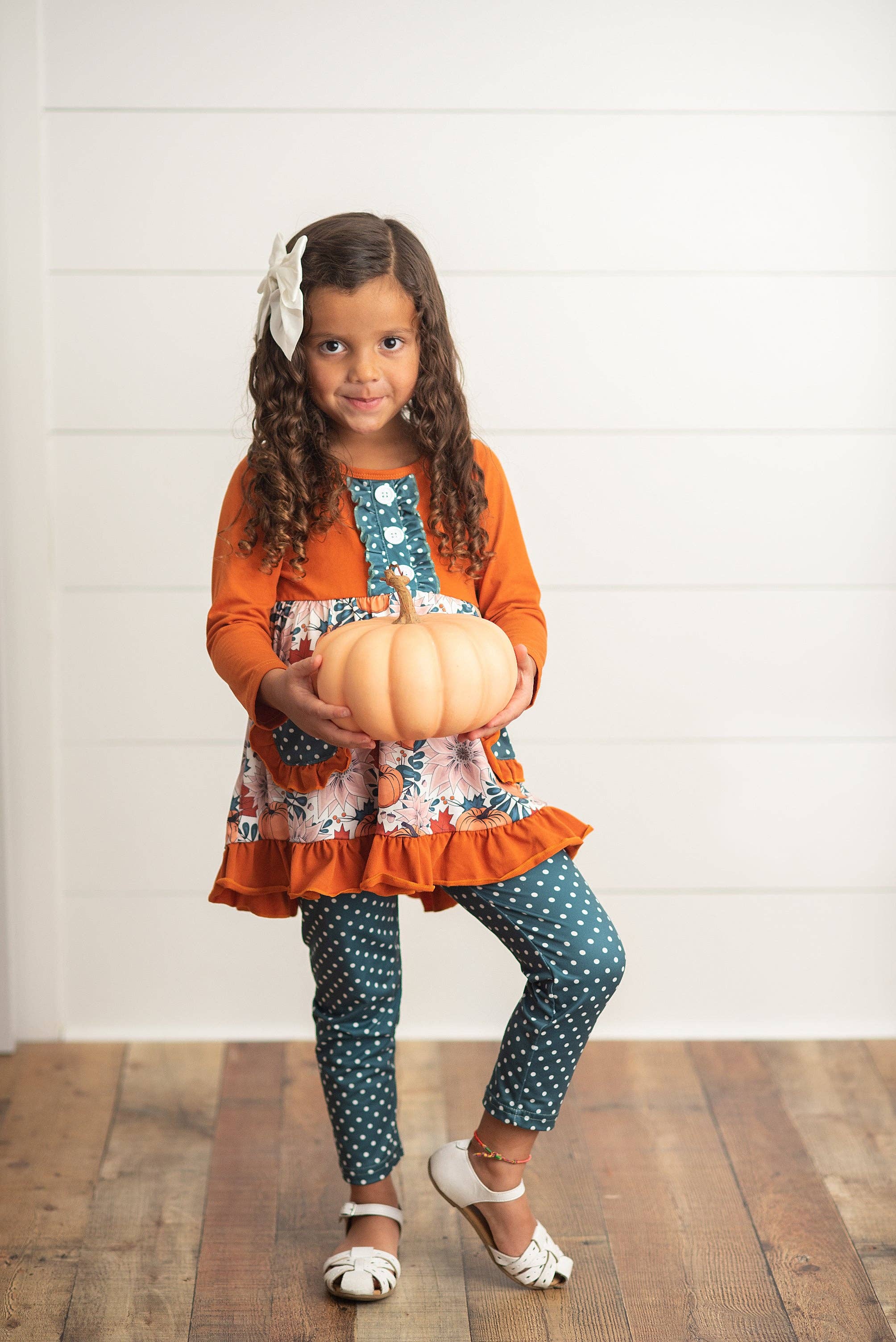 Kids Sage & Pumpkin Ruffle Pocket Polka Dot Fall Pant Set