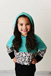 Kids Teal Black & Leopard Print Fall Winter Hoodie Shirt