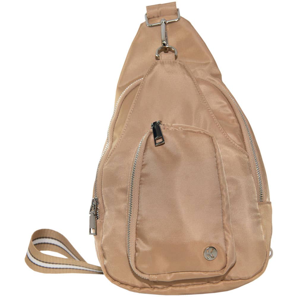 Tan Solid SLING BAG with Striped Strap