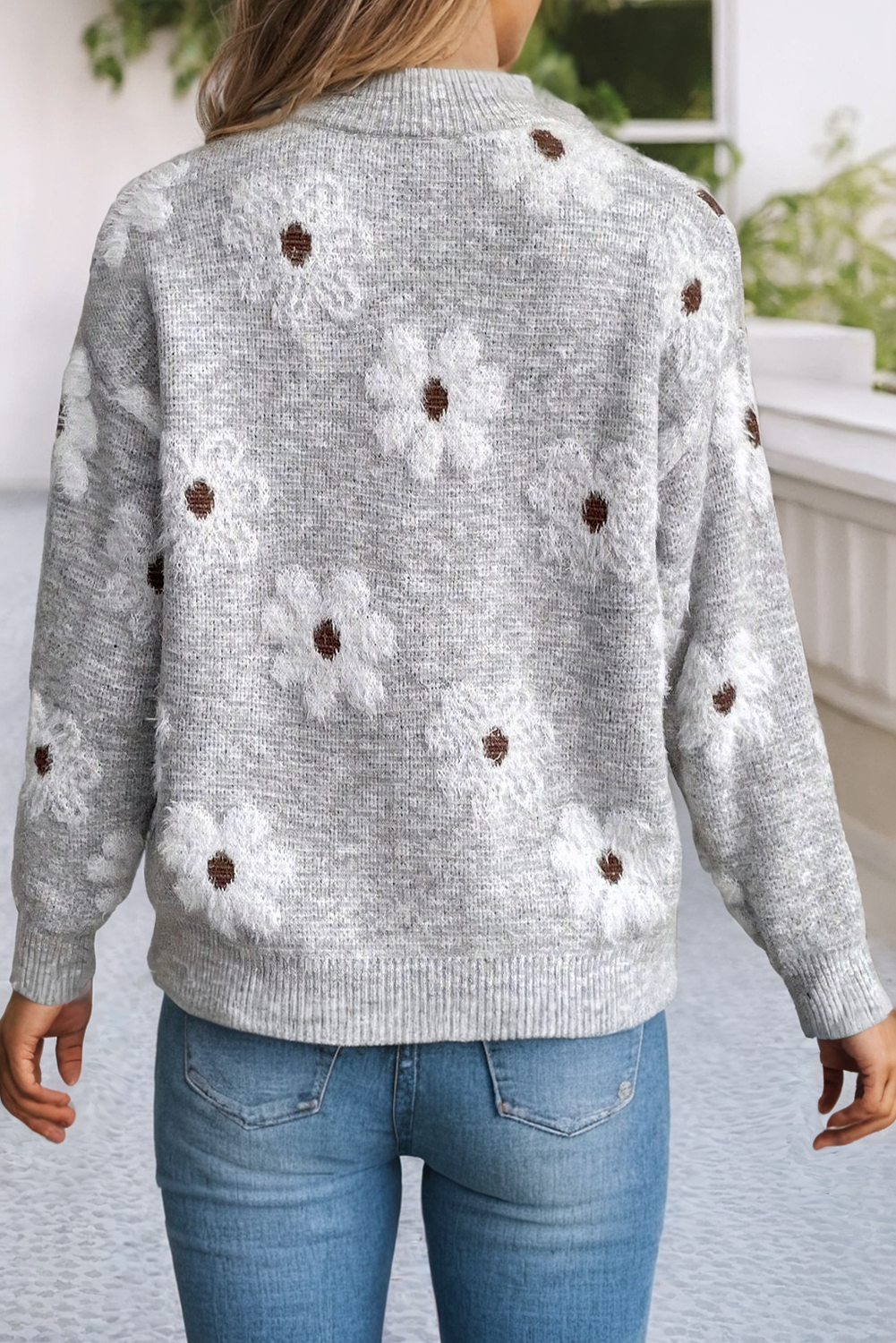 Sweater Gray Pattern Drop Shoulder Half Zip