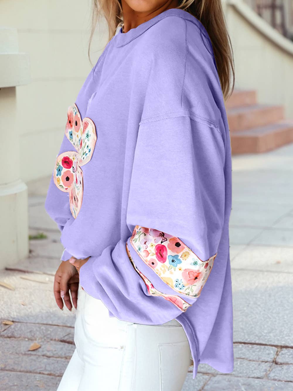 Flower Patchwork Drop Sleeve Pullover Sweatshirt | S-4X