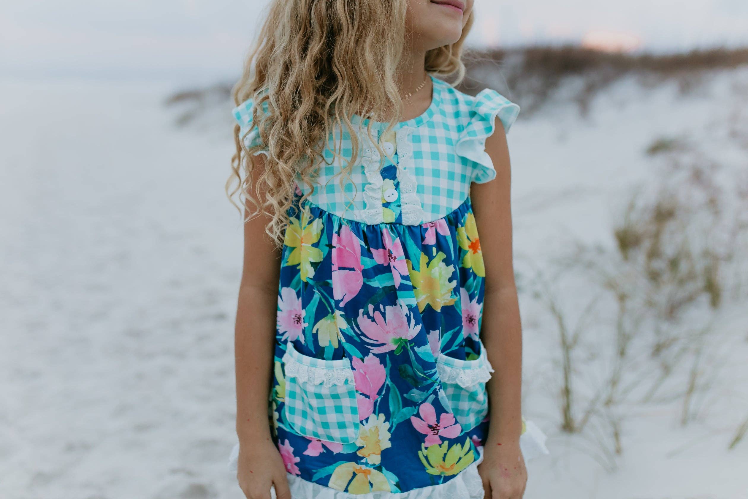 Girls Jade Checkered Floral Pocket Lace Spring Short Set