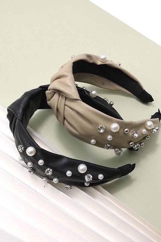 KNOTTED FAUX LEATHER PEARL RHINESTONE HAIR BANDS | 40HB111