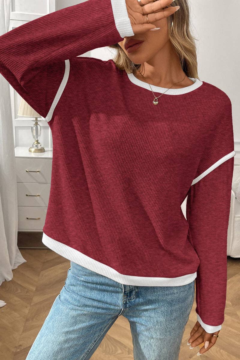 Colorblock Crewneck Knit Look Long Sleeve Pullover Top