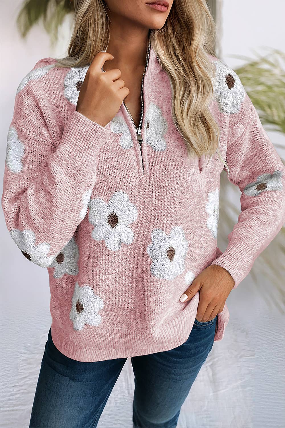 Sweater Gray Pattern Drop Shoulder Half Zip