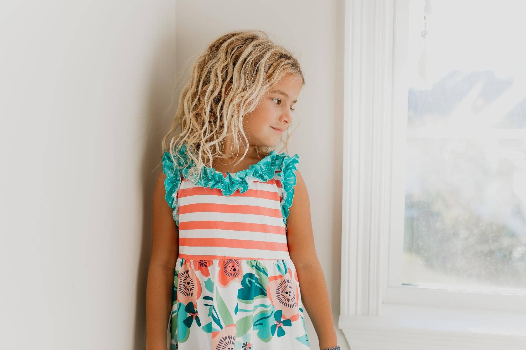 Kids Teal Peach Stripe Floral Spring Summer Ruffle Capri Set