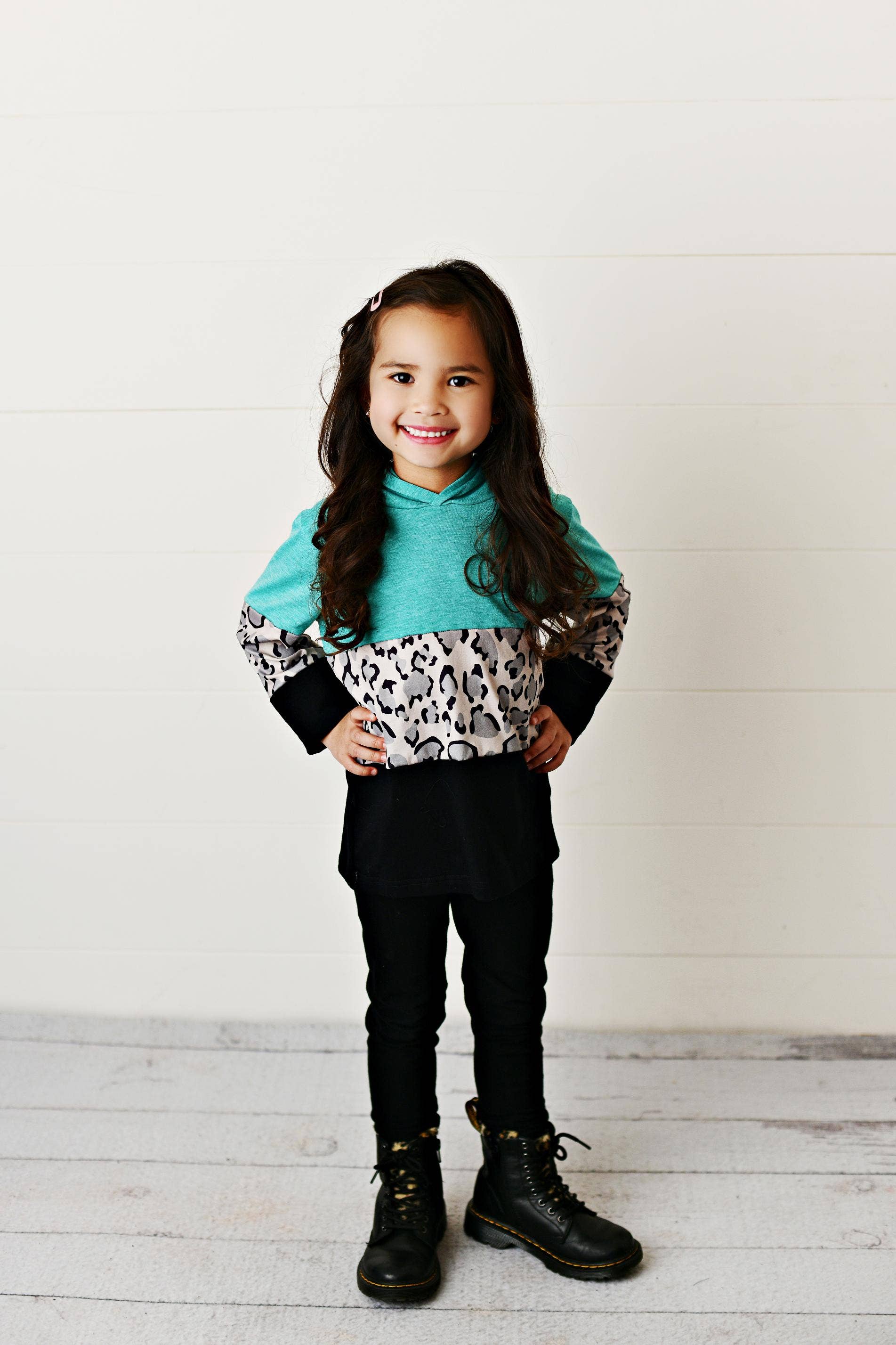 Kids Teal Black & Leopard Print Fall Winter Hoodie Shirt