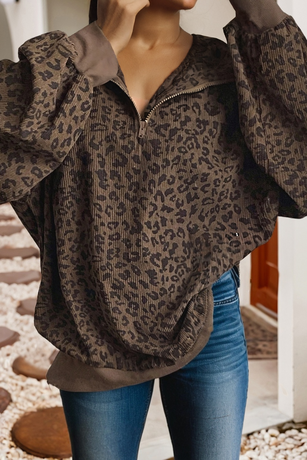 LDC Leopard Print Quarter Zip Corduroy Sweatshirt