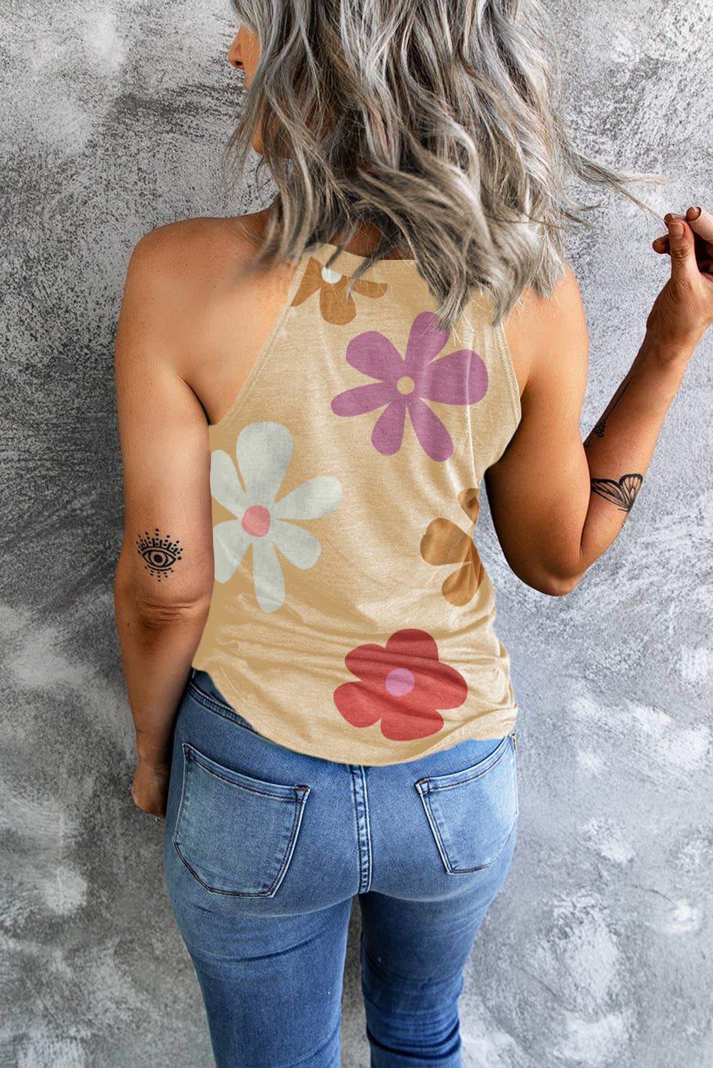 LDC Flower Print Loose Fit O Neck Tank Top