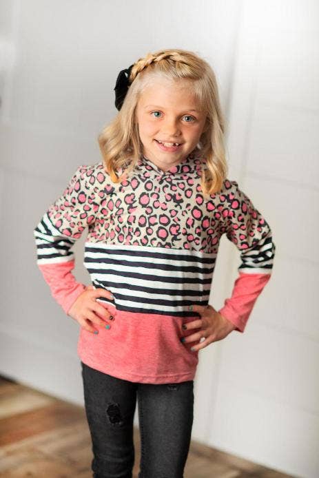 Kids Pink Leopard Stripe Long Sleeve Fall Hoodie Shirt