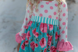 Kids Pink & Teal Floral Polka Dot Ruffle Twirl Dress