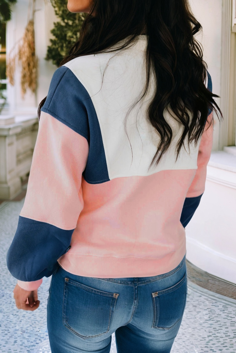 LDC Colorblock Patchwork Half Button Baggy Sweatshirt