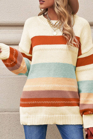 LDC Crew Neck Drop-Shoulder Striped Color Block Sweater