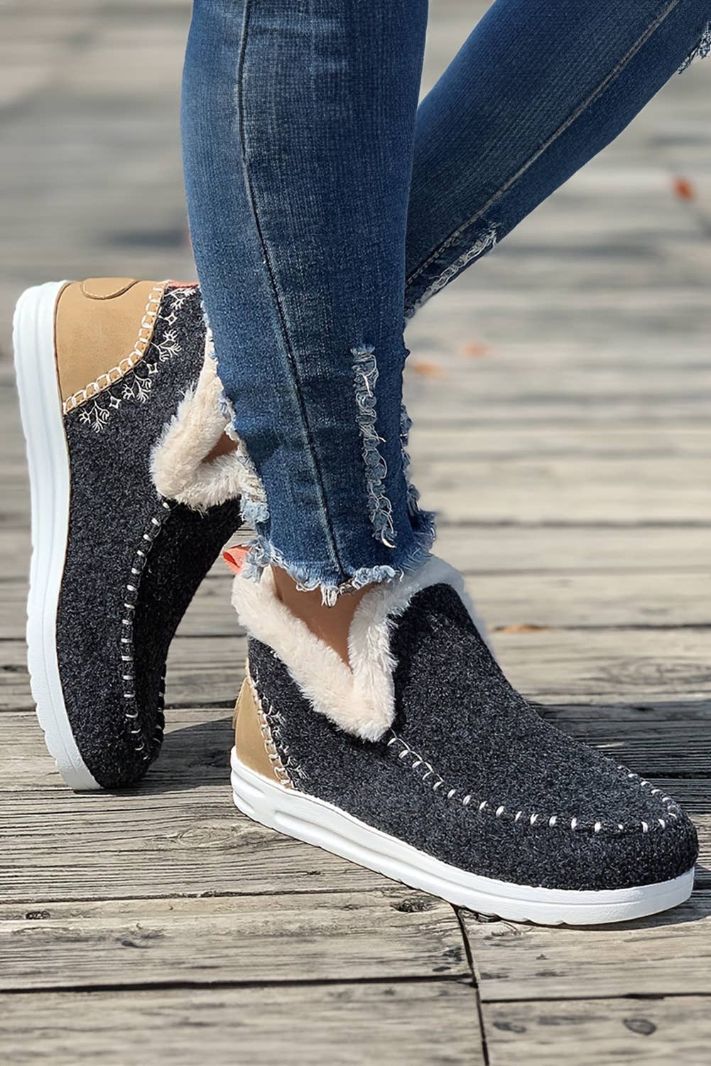 Anklet Boots Suede Stitching Patchwork Plush Lined