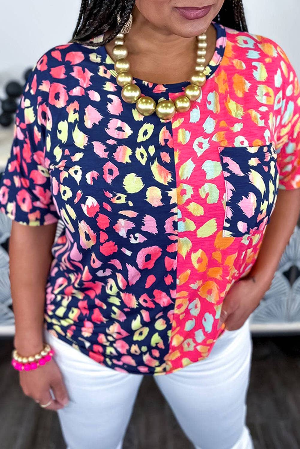 Plus Size Leopard Colorblock Short Sleeve Top