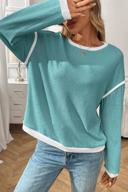 Colorblock Crewneck Knit Look Long Sleeve Pullover Top