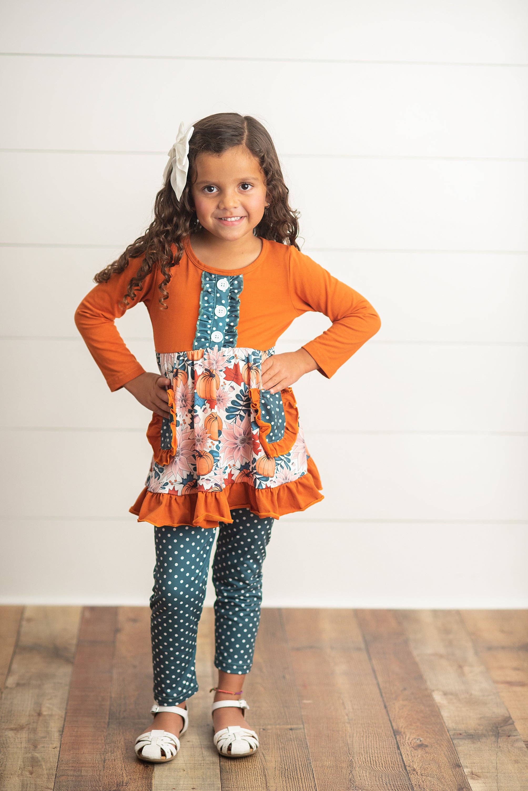 Kids Sage & Pumpkin Ruffle Pocket Polka Dot Fall Pant Set