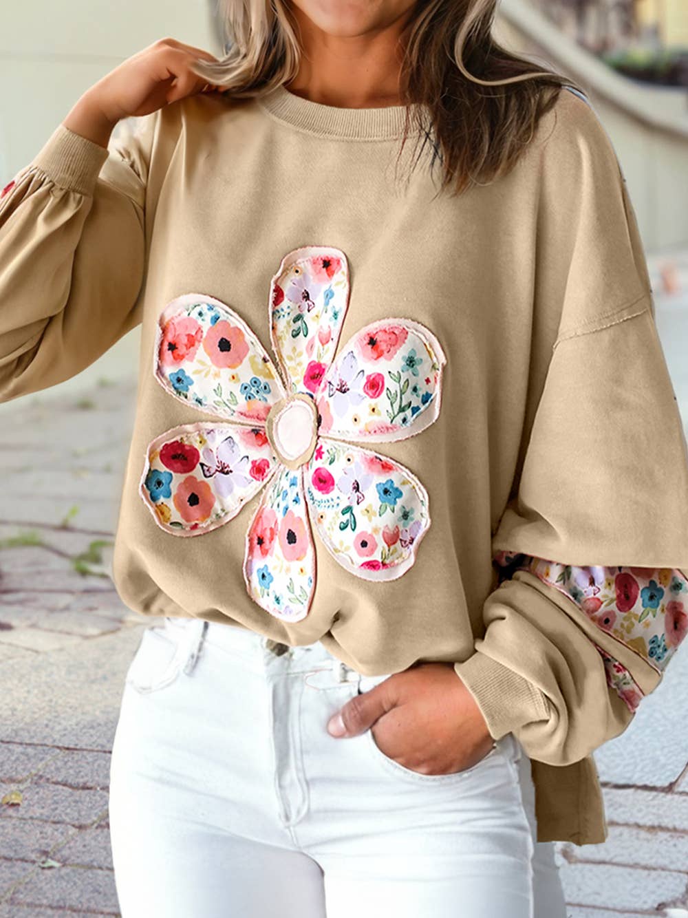 Flower Patchwork Drop Sleeve Pullover Sweatshirt | S-4X
