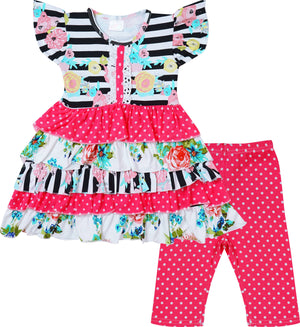 Baby Girl Summer Floral Tier  Ruffle Capri  Outfit Stripes