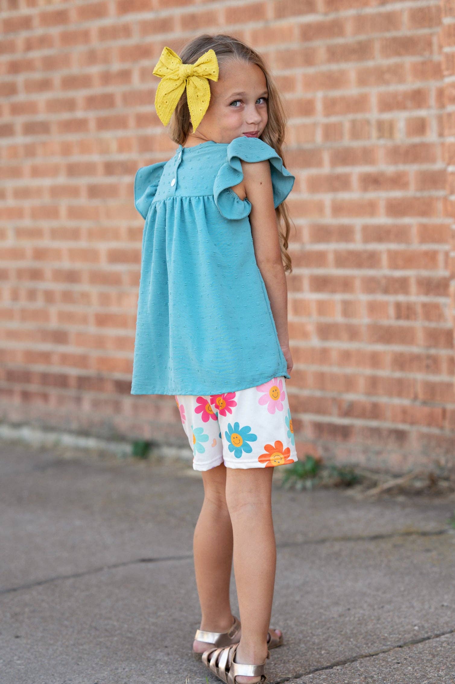 Girls Teal Retro Happy Flower Spring Summer Short Set