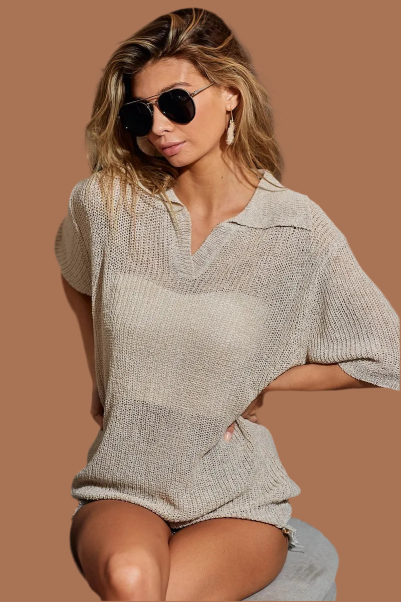 BiBi Short Sleeve Collared Knit Top