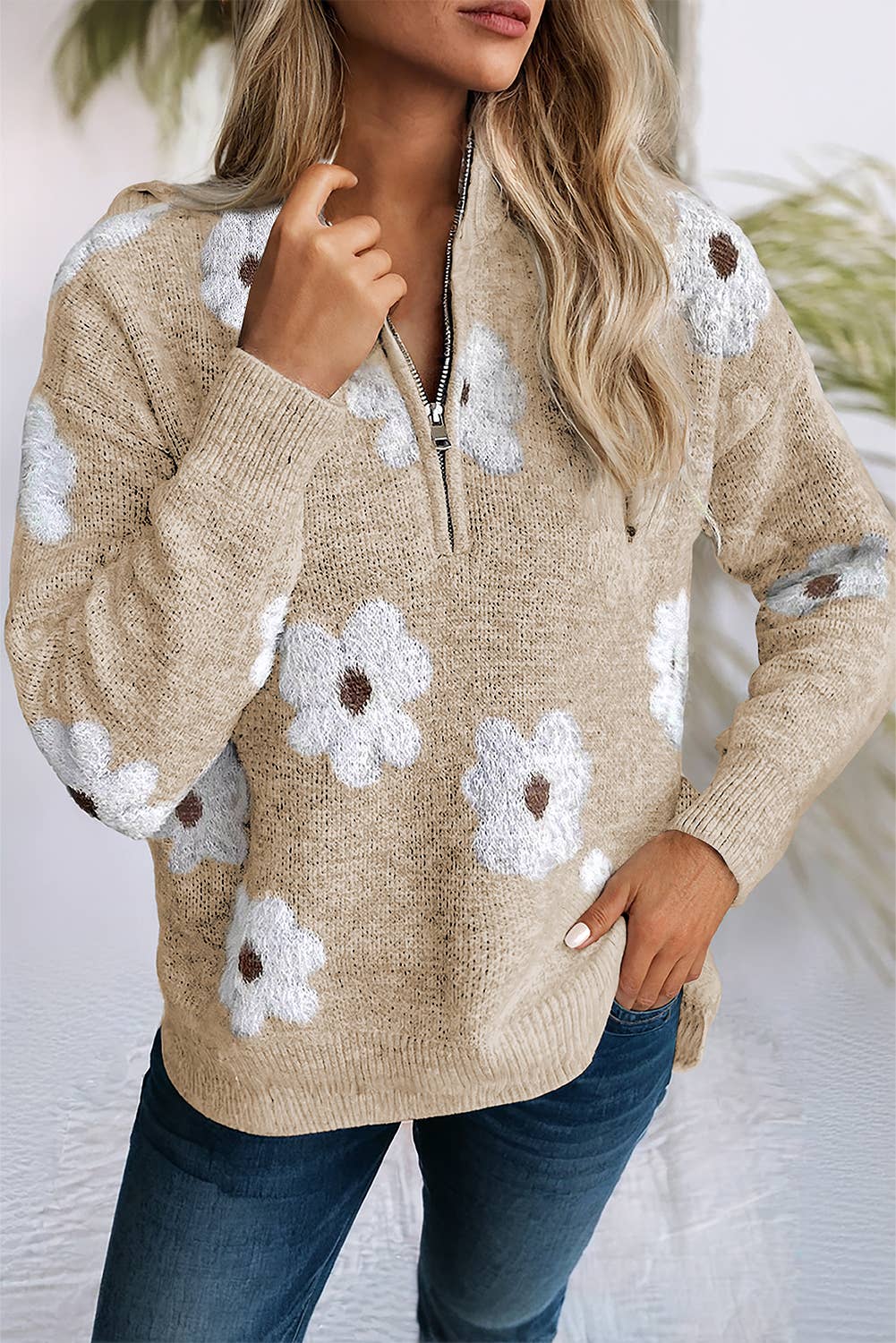 Sweater Gray Pattern Drop Shoulder Half Zip