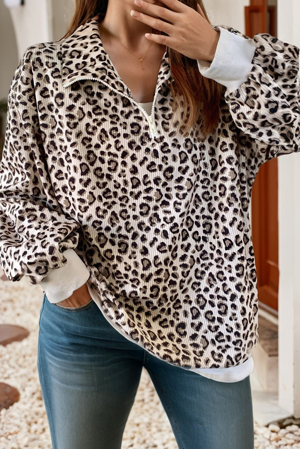 LDC Leopard Print Quarter Zip Corduroy Sweatshirt