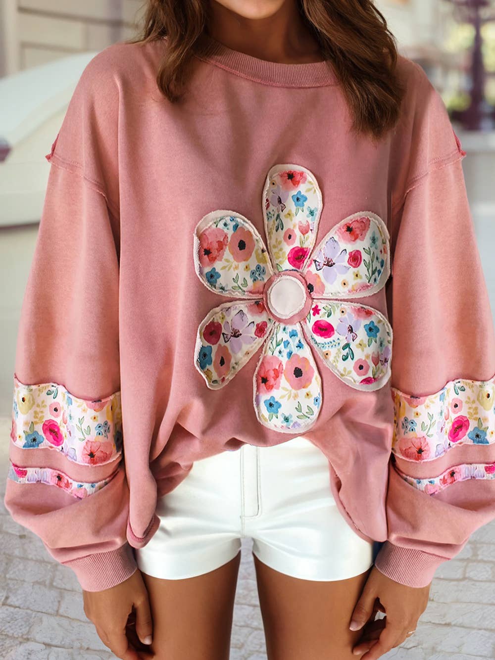 Flower Patchwork Drop Sleeve Pullover Sweatshirt | S-4X