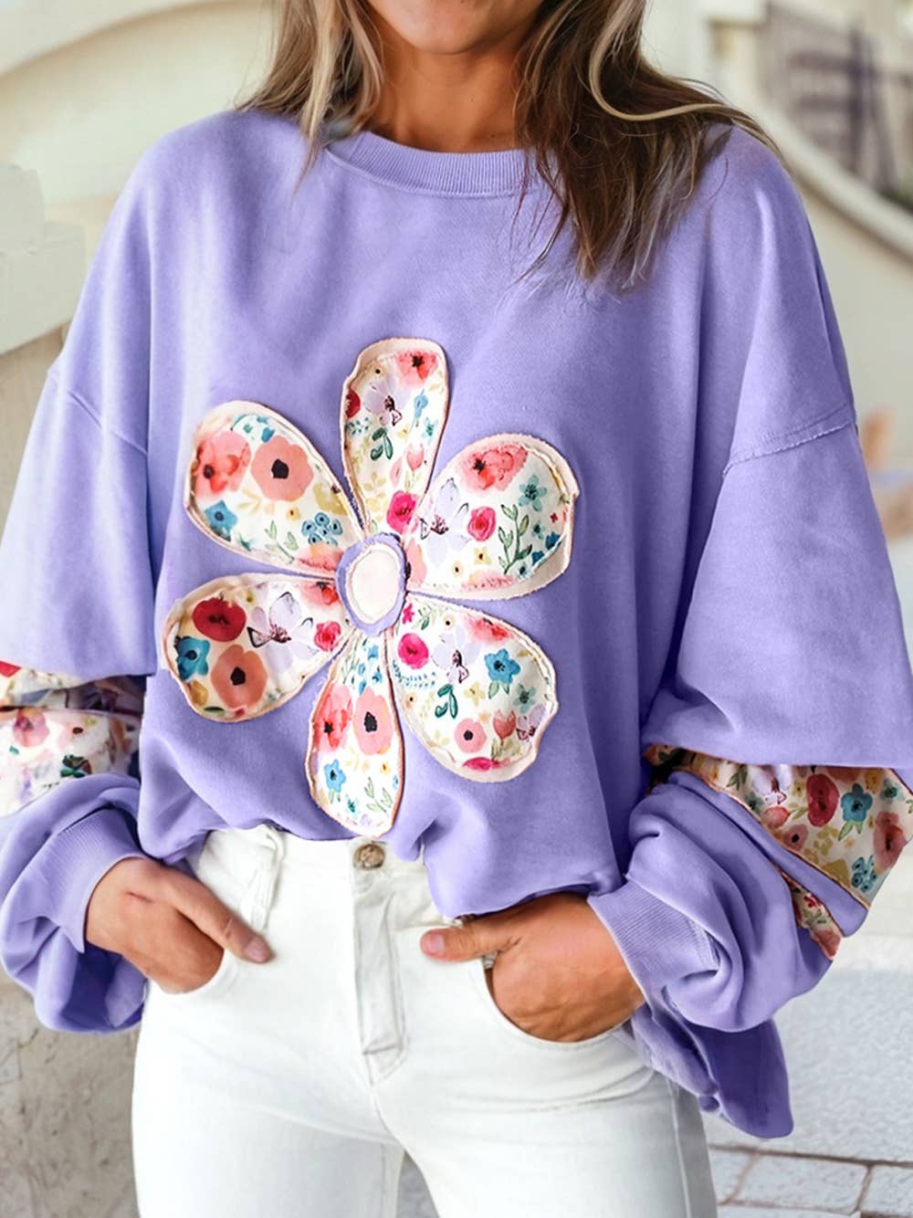 Flower Patchwork Drop Sleeve Pullover Sweatshirt | S-4X