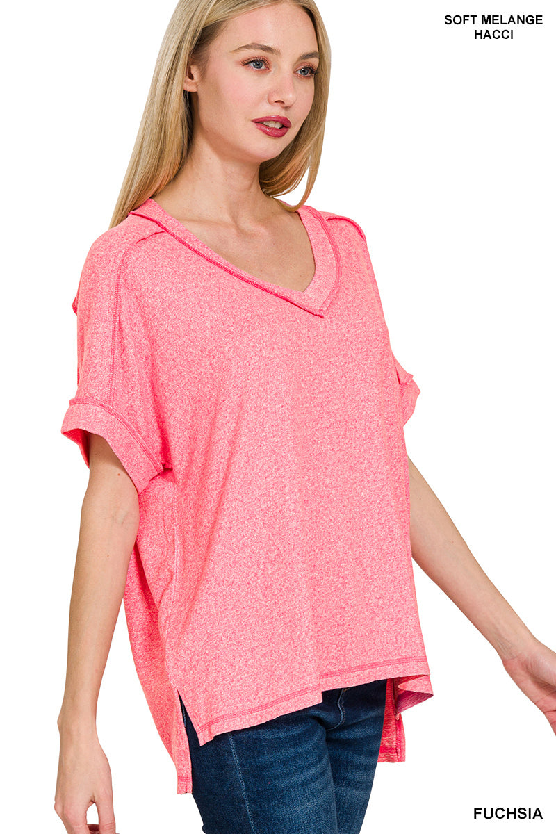 Soft Melange Hacci V-Neck Short Sleeve Hi-Low Tee