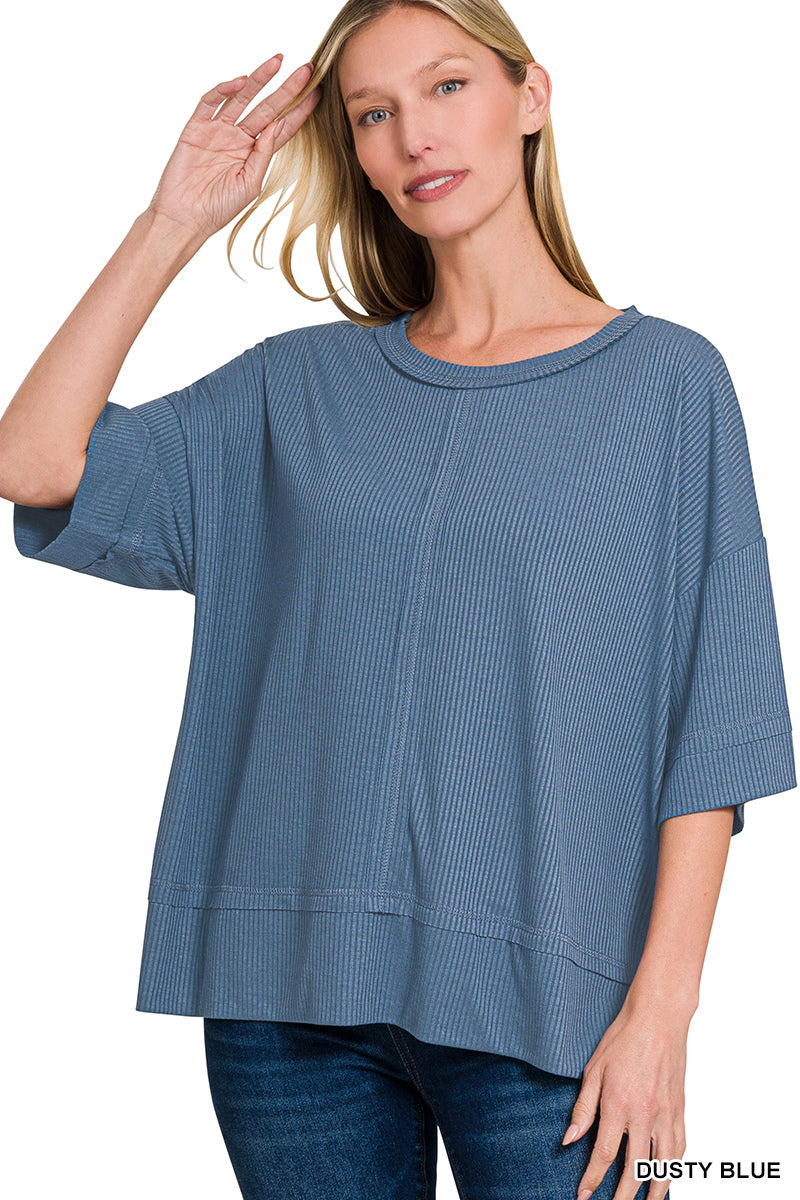 Ribbed Boat Neck 3/4 Sleeve Top