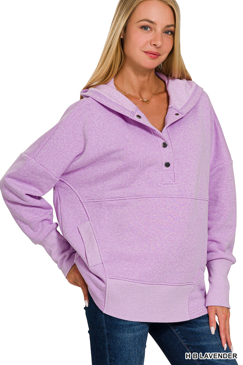 Half Button Fleece Hooded Pullover-Lavender