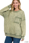 French Terry Acid Wash Raw Edge Front Pocket Pullover with Pockets-Lt Olive