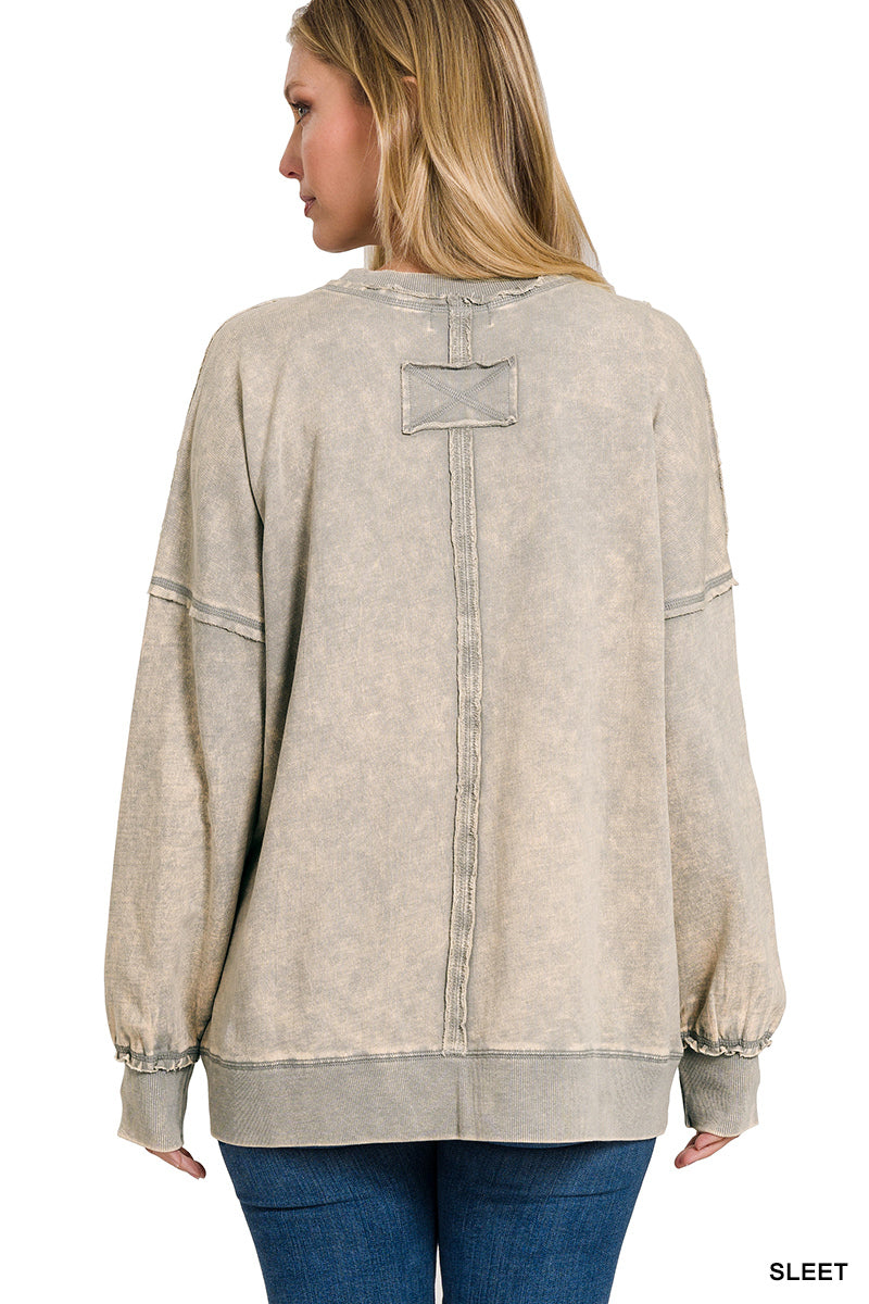 French Terry Acid Wash Raw Edge Front Pocket Pullover with Pockets-Sleet