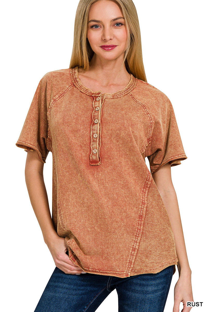 Crinkle Washed F/Terry Button Henley Raglan Top