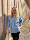 Blue Split V Neck Oversized Denim Blouses