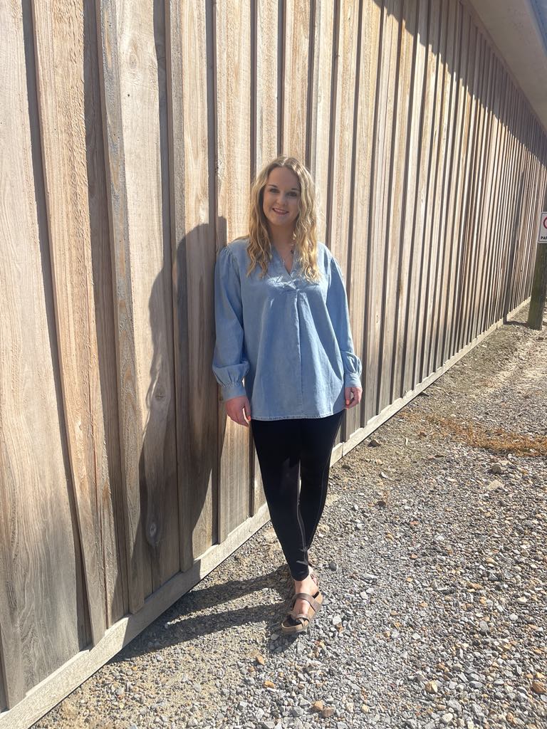 Blue Split V Neck Oversized Denim Blouses