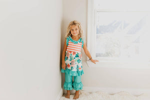 Kids Teal Peach Stripe Floral Spring Summer Ruffle Capri Set