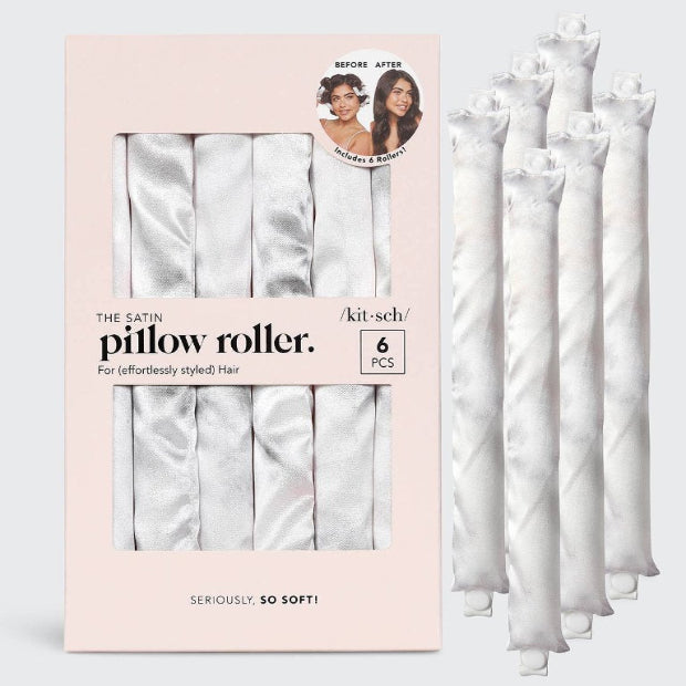 A pack of Kitsch Satin Pillow Rollers, with six pieces designed for creating heatless curls or waves in hair.
