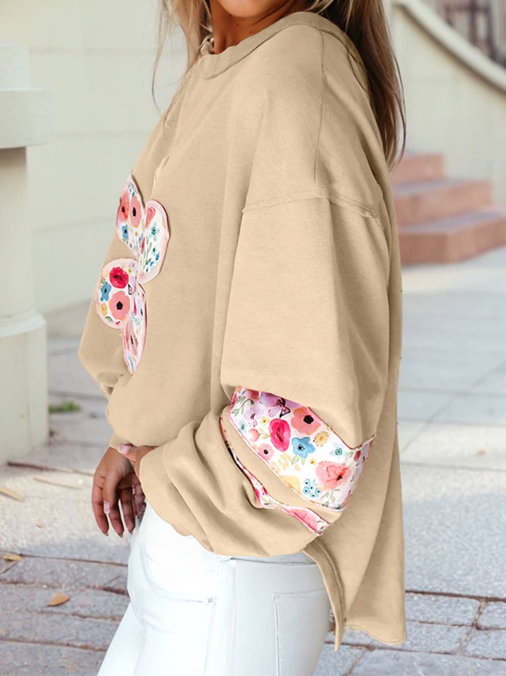 Flower Patchwork Drop Sleeve Pullover Sweatshirt | S-4X